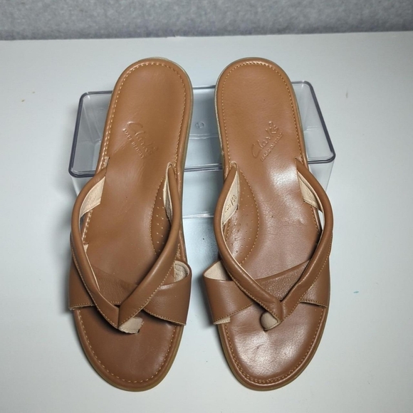 Clarks Thong Sandals Women's 10M Camel Brown Italian Leather Shoes - Picture 3 of 7